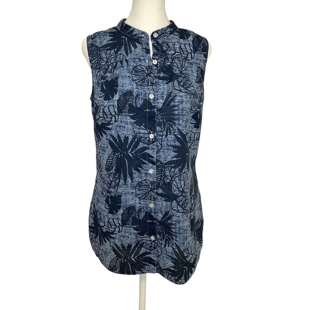 Columbia Sleeveless Button Front Tunic Top SMALL Blue Palm Print Outdoor Hiking